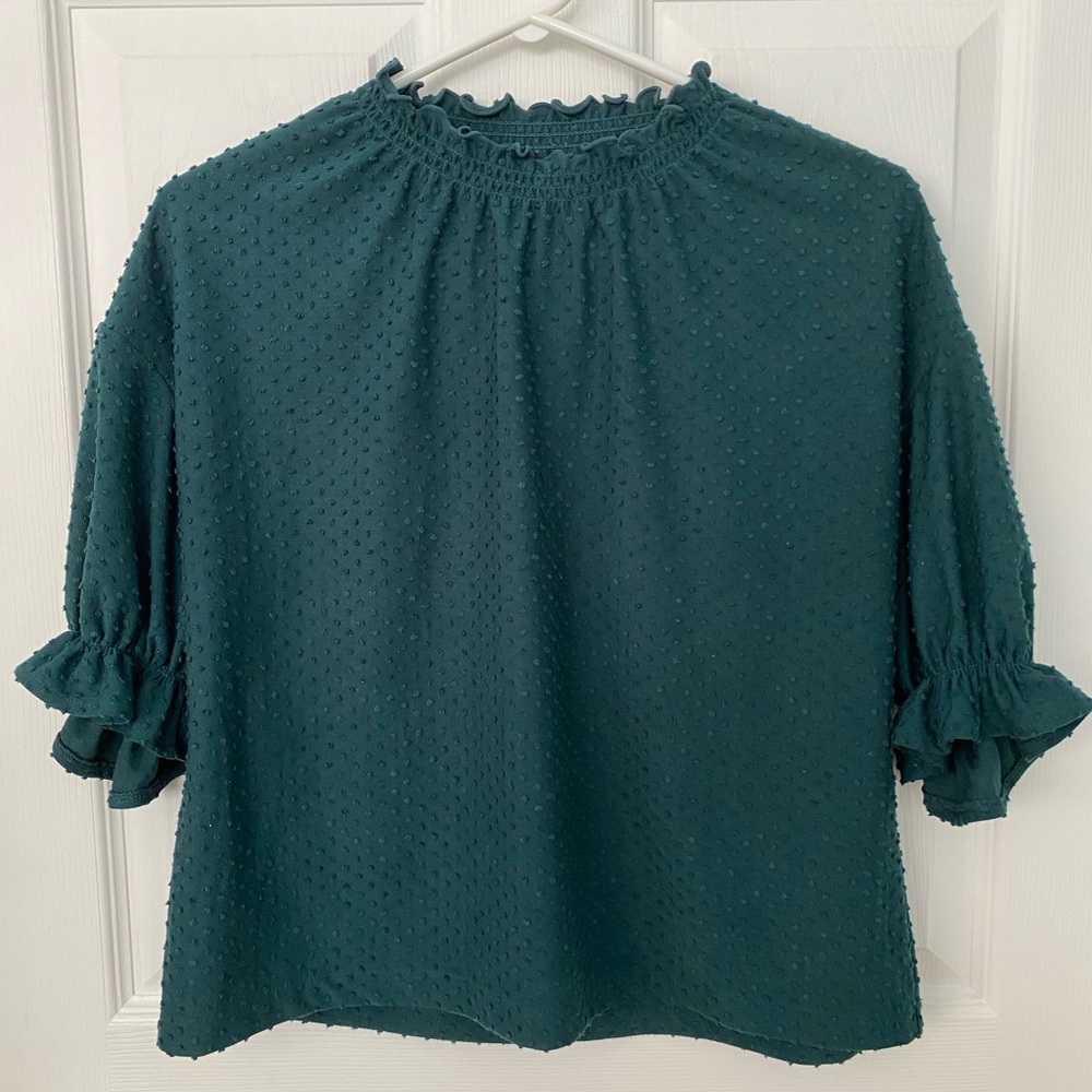 Madewell Texture & Thread Clipdot Forest Green Ruffle Top